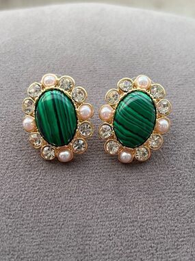 Gold Tone Green Malachite Oval Stud Earrings with Pearls and Crystals